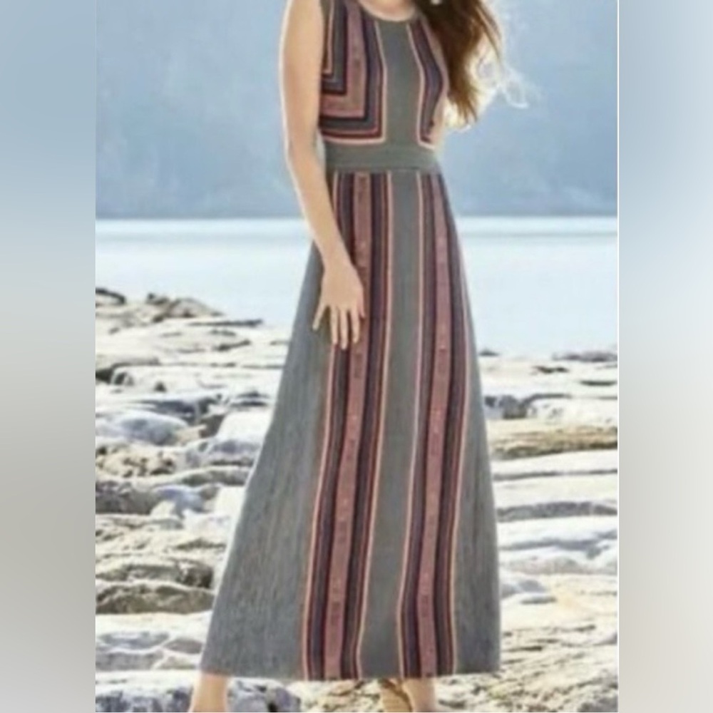 Peruvian Connection Gray Maxi Dress with Pink and Gray Stripes